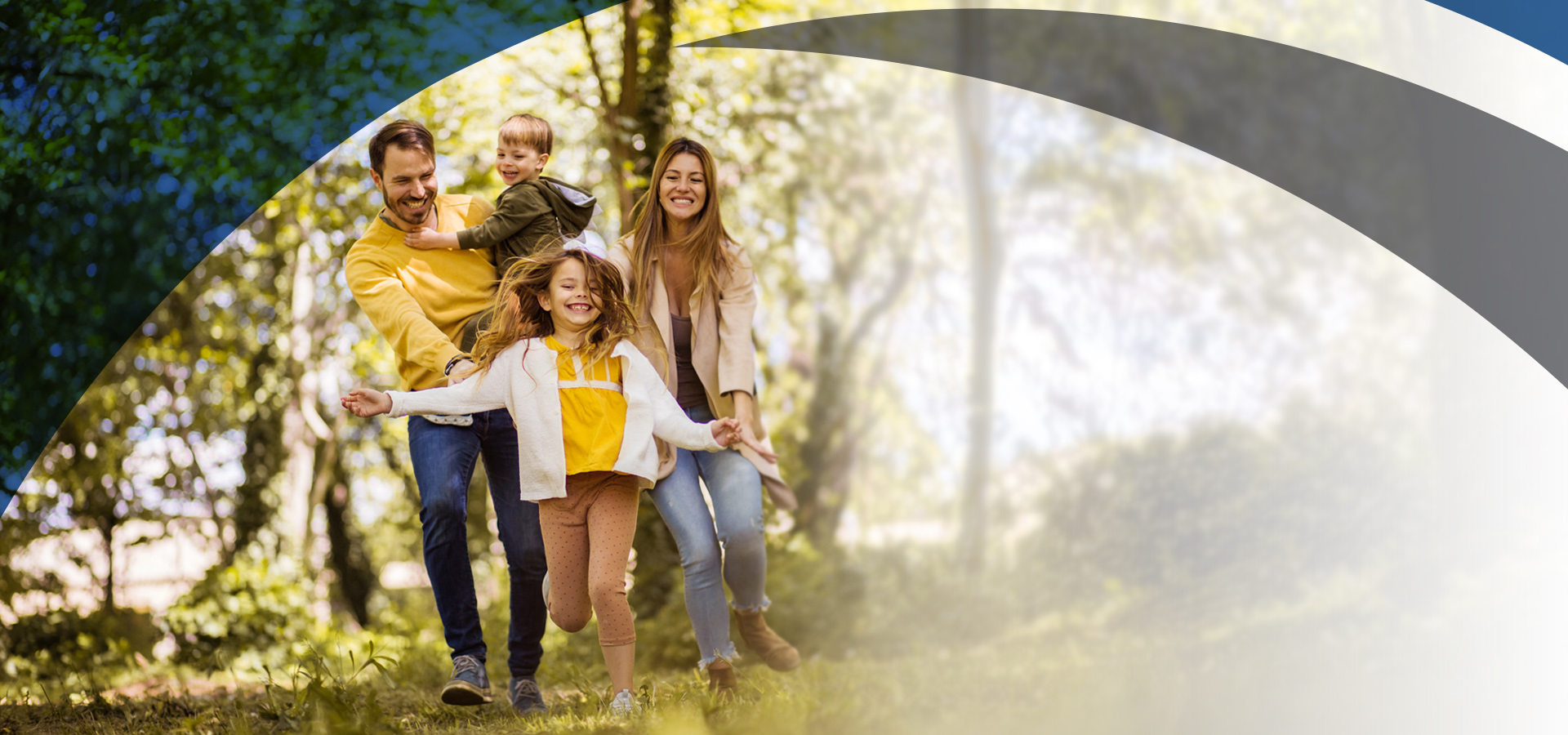 family walking in woods
